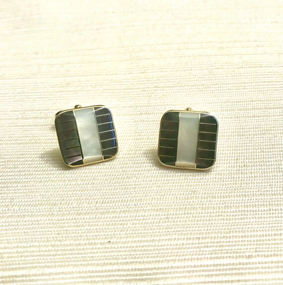 Midcentury Square Cuff Links, Mother of Pearl, Go… - image 4