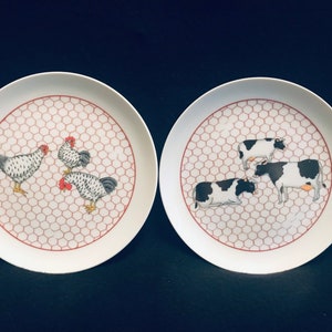 Farm Animal Plates, Cows, Chickens, Small Porcelain Plates, Vintage Japan, Set of Two