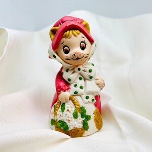 Porcelain Painted Bell, Lady Cat with Flower Basket, Jasco 1980, Hand Painted, Vintage Collectible  Bell