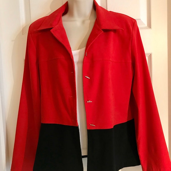 80s Faux Suede Shirt Jacket, Red and Black Microsuede, Shoulder Pads, R&K Size 10