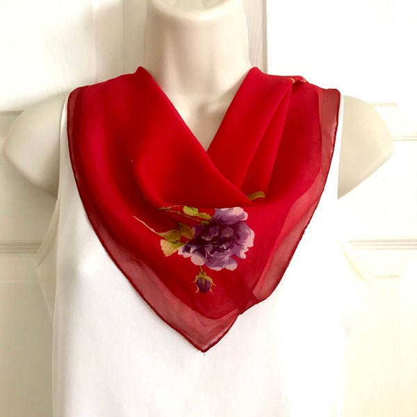 Red Silk Scarf Ellen Tracy, Sheer Square Scarf, Floral