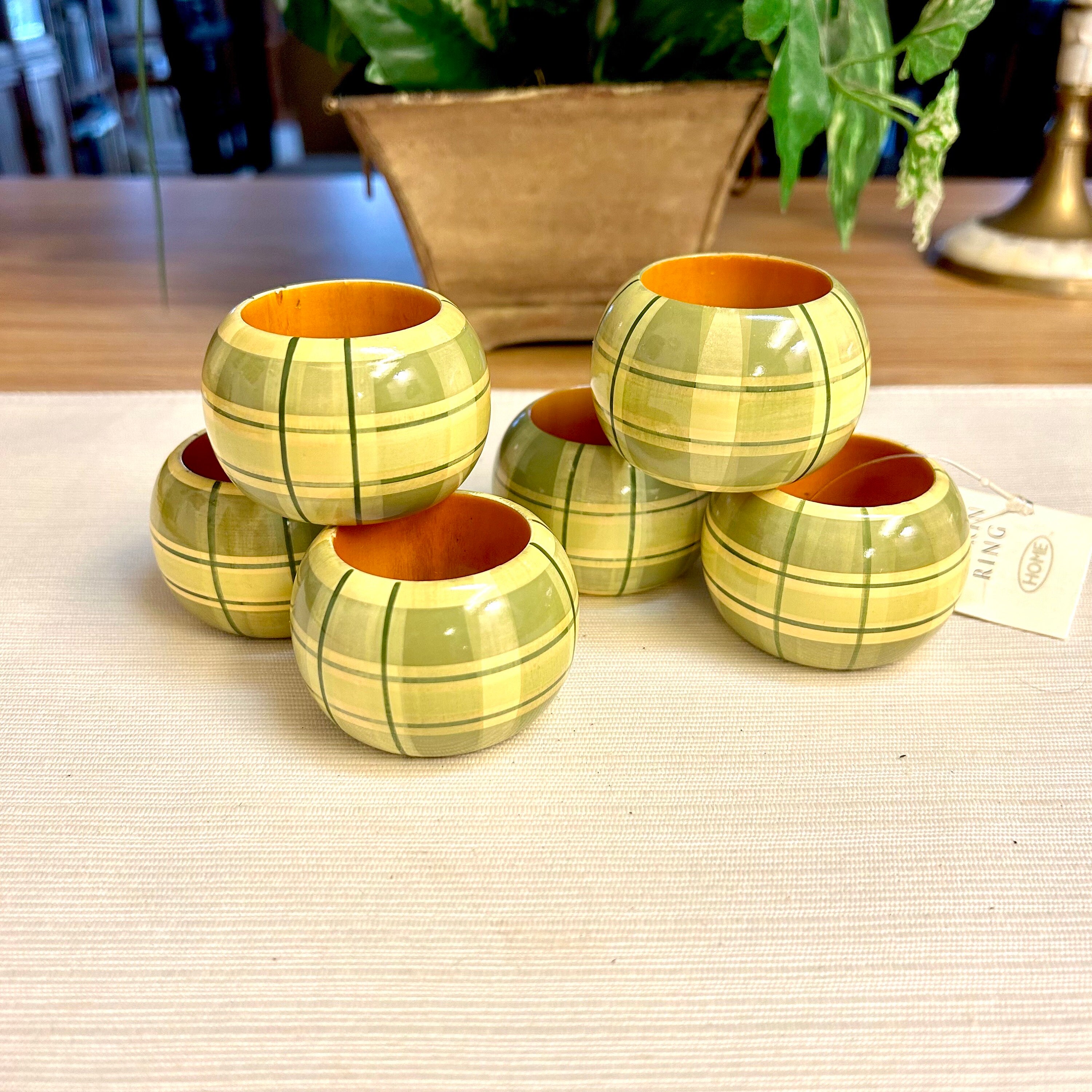 Plaid Napkin Rings Set of 6 Avocado Green 70s Home Aesthetic