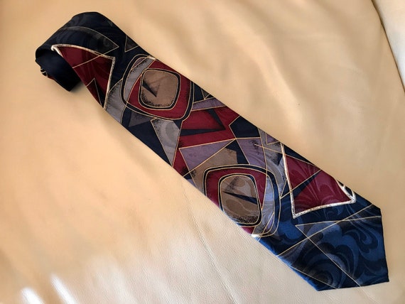 Abstract Silk Necktie Navy Blue Maroon, Ferracci … - image 2