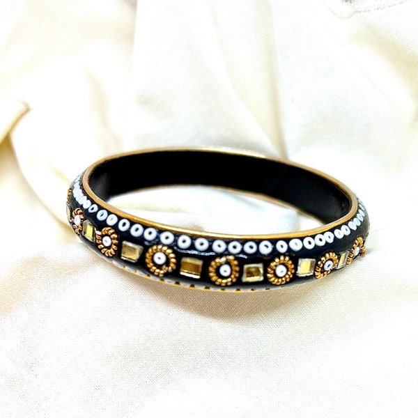 Mosaic Bangle Bracelet, Black Bangle Stackable, Mirror Studded, Made In India