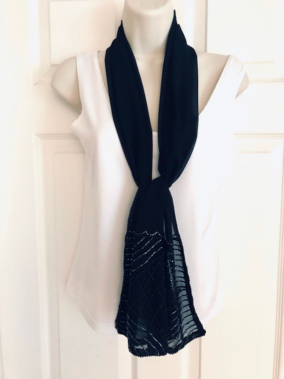 Sheer Black Embellished Shawl Wrap, Beaded Ends, … - image 8