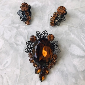 Vintage Victorian Faux Topaz Brooch and Earrings, Fall Jewelry, Demi Parure
