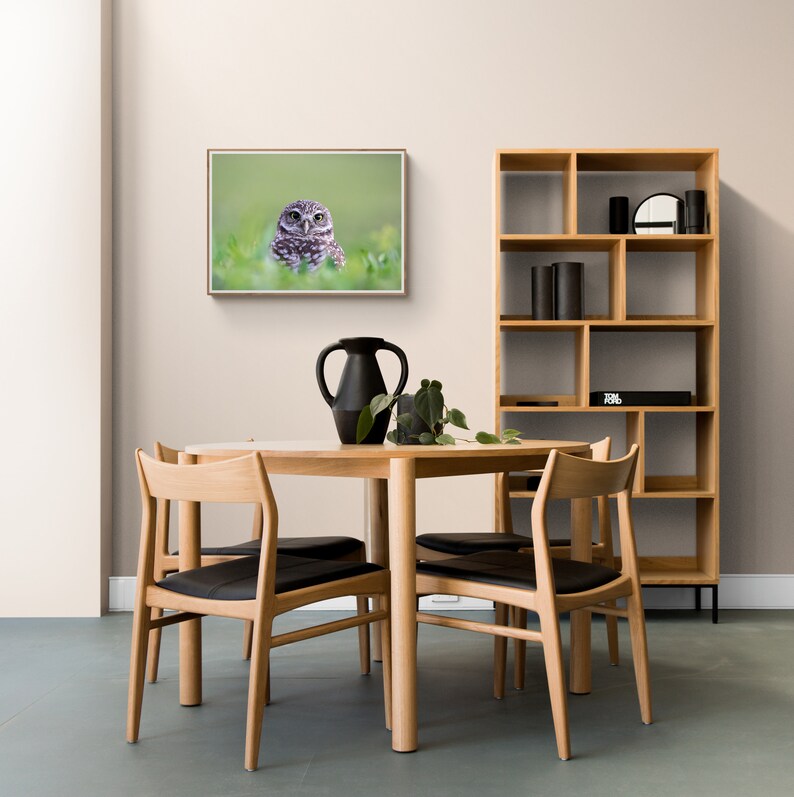 May include: A round wooden dining table with four chairs. The table is set with a black vase and a plant. A framed print of an owl is hanging on the wall behind the table. A wooden bookshelf with black accents is in the background.