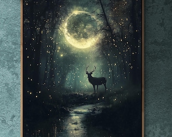 Moonlit Deer Canvas Print: Mystical Woodland Scene Wall Art