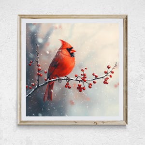 Red Cardinal Winter Art Print: Bird on Branch, Holiday Home Decor