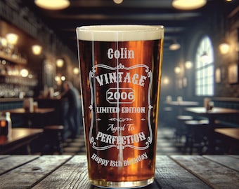 Personalised Pint Glass, Birthday Gift, Vintage, Beer Glass, 18th 21st 30th 40th 50th 60th 70th 80th