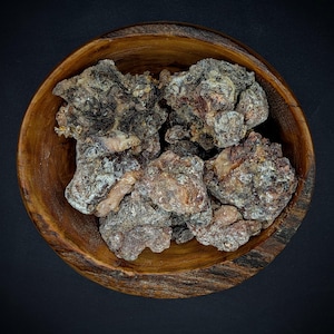 May include: A wooden bowl filled with several pieces of dark brown, irregularly shaped resin. The resin has a textured surface with lighter brown and gray patches. The bowl is made of wood with a visible grain.