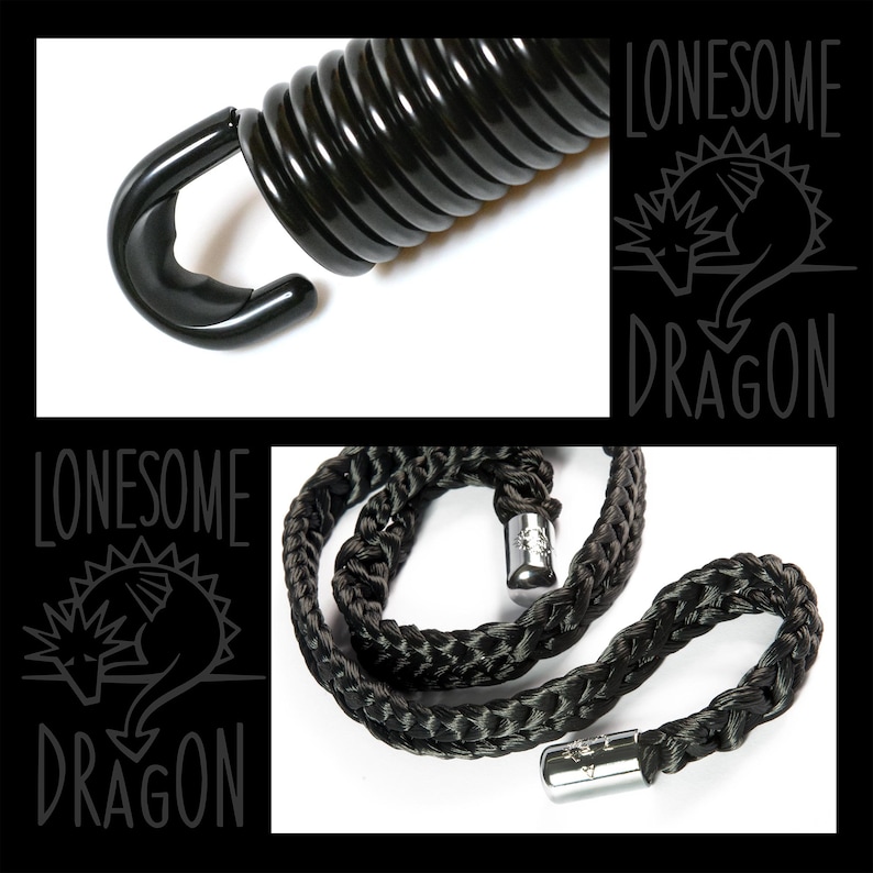 May include: Black spring with a hook on one end and a black braided rope with silver metal clasps on both ends. The rope is coiled and the spring is straight. The image includes the text "Lonesome Dragon" in a stylized font.