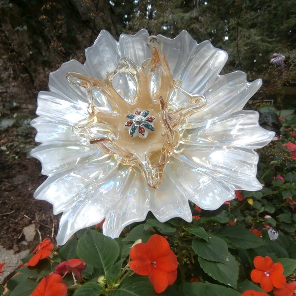 Cream and gold glass plate flower, repurposed glass, yard art, garden art, vintage glass,2 way display