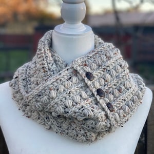 Aran Tweed Scarf with buttons, Oatmeal, Beige, Crochet, Knit