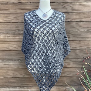 Charcoal Gray Open Weave Poncho, crochet, knit, boho, hippie