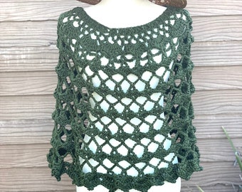 Poncho, Green, Crochet, Spring, Summer, Petite, Knit