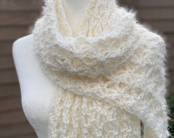 White Lacy Shawl, White Scarf, bridal, wedding, Prom,  crochet, knit,