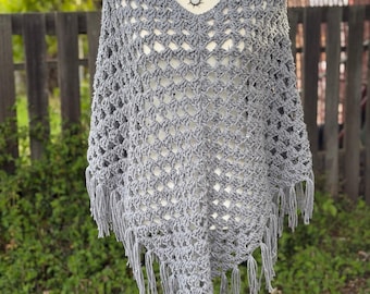 Gray Tweed Poncho, crochet, retro, 70s style, hippie