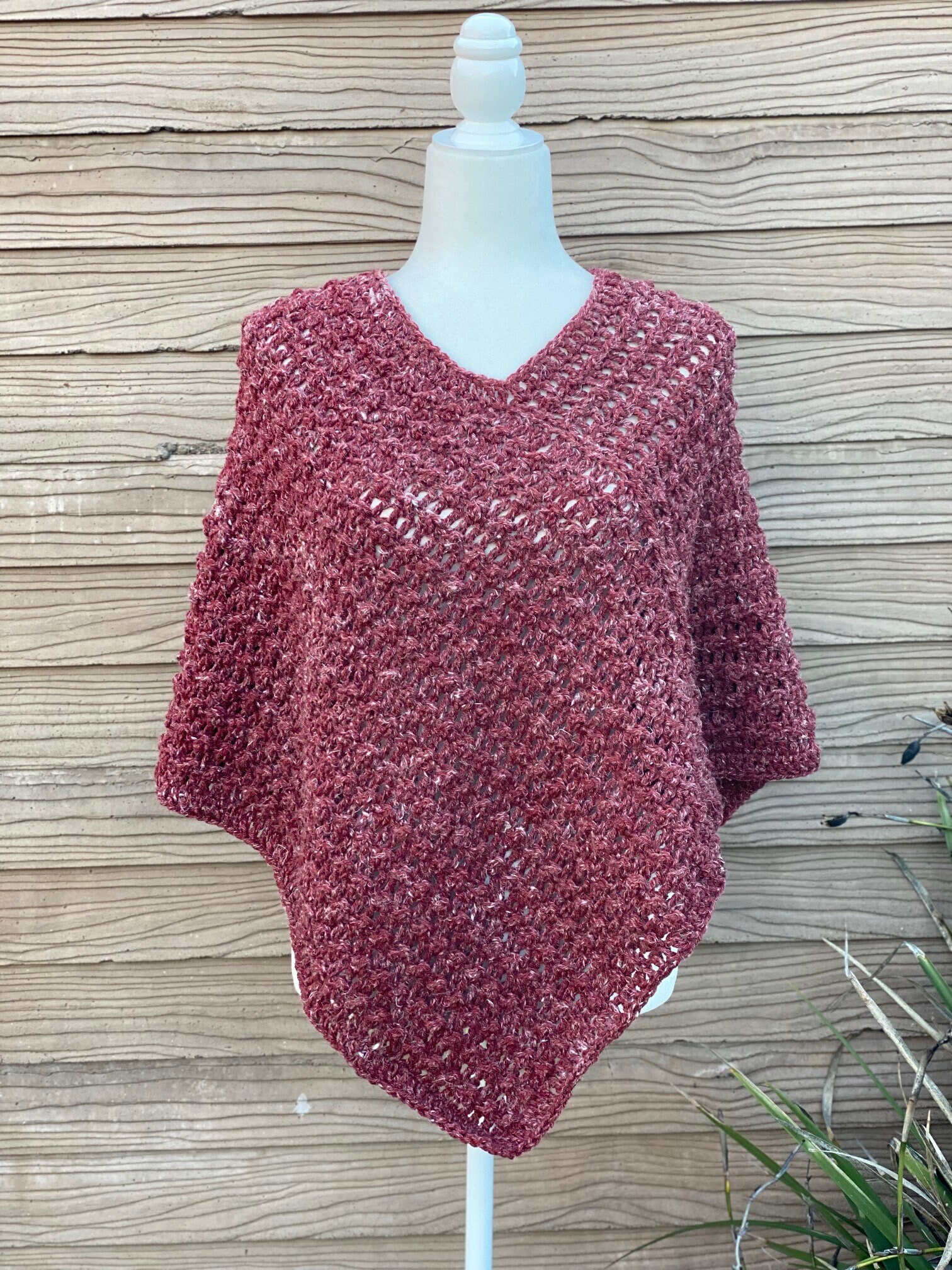 Crochet Poncho Red Hemp Knit -