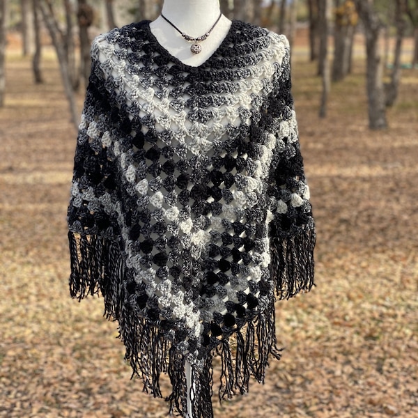 Black and White Poncho, Retro, 70s, Crochet, Knit, Wool-blend, Hippie