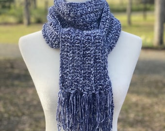 Blue Scarf with fringe, Crochet, Knit