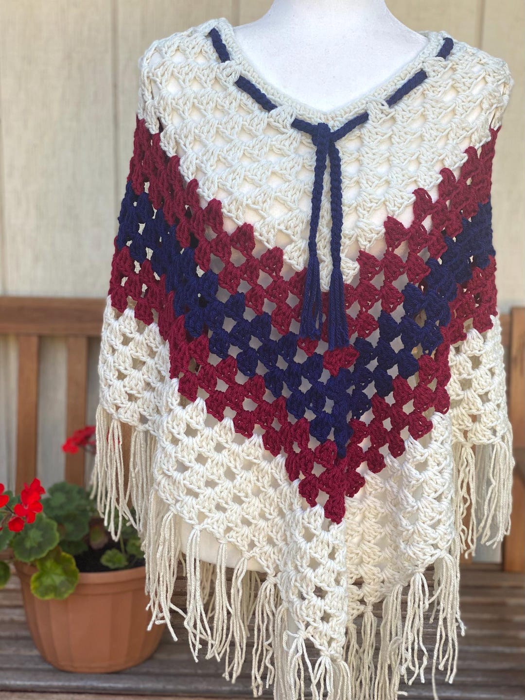70’s Handmade Red White and Blue Crochet Fringed Poncho main image 1