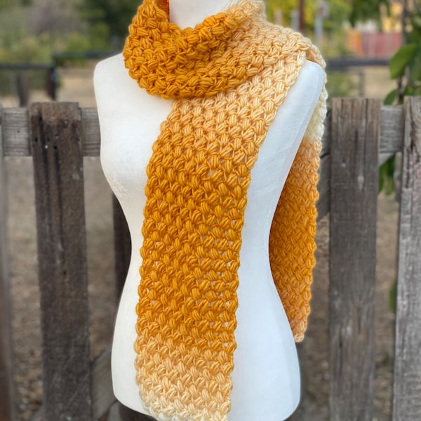 Gold Scarf, Mustard, Yellow, Ombre, Wool, Crochet, Knit