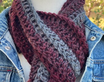 Burgundy and Gray Scarf, Crochet, Knit, Wool-blend