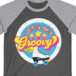 Roller Skate Groovy 3/4 T-Shirt, Roller Disco, Roller Rink, Roller Derby, Couples Skate, Cupid Skate, 70s, 80s