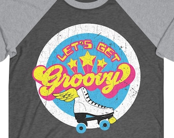 Roller Skate Groovy 3/4 T-Shirt, Roller Disco, Roller Rink, Roller Derby, Couples Skate, Cupid Skate, 70s, 80s