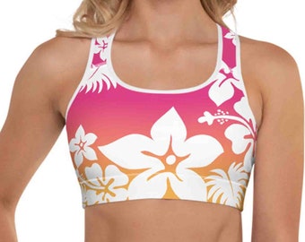 Hawaiian Flowers Padded Sports Bra, Beach, Surfing, Ocean, Sunset, Workout, Surf's Up