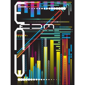 May include: Abstract geometric design with a black background and colorful lines, shapes, and patterns. The design features a white outline of a letter 'E' and a diagonal red line.