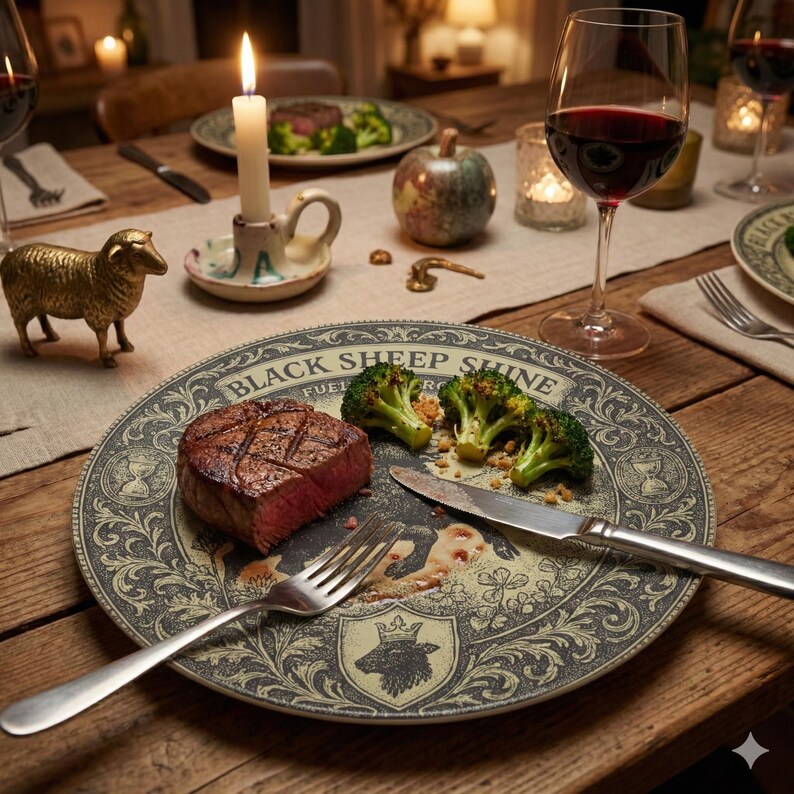 May include: A dining table set for a meal, featuring a plate with a steak and broccoli. The plate has the text "BLACK SHEEP SHINE". Other items include wine glasses, a candle, and a decorative golden sheep figurine.