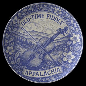 May include: A blue and white decorative plate featuring a violin and bow, with the text "OLD-TIME FIDDLE" and "APPALACHIA". The design includes a mountain landscape, flowers, and foliage, creating a vintage aesthetic.