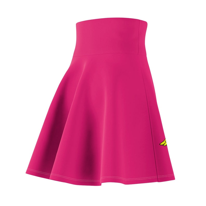 May include: A bright pink skater skirt with a yellow wing design on the right side.