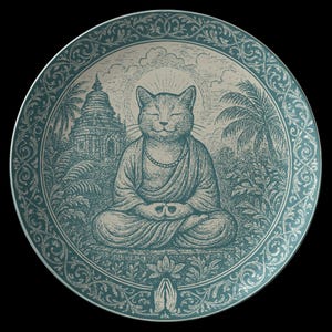 May include: A decorative plate featuring a serene cat depicted as a meditating Buddha. The design is in shades of teal and cream, with a detailed border. The cat is seated in a lotus position, surrounded by a temple, palm trees, and a halo.