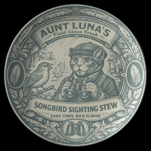 Puede incluir: Plato de "Aunt Luna's Songbird Sighting Stew". Presenta un gato con gorra y prismáticos, con un pájaro en una rama. El texto incluye "Field Glass Fresh" y "Rare Finds, Rich Flavor".