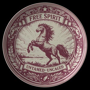 May include: A round, burgundy and cream-colored decorative plate with a horse rearing up on its hind legs. The plate features the words "FREE SPIRIT" and "UNTAMED.UNCAGED" in a banner design, with a star and floral accents.