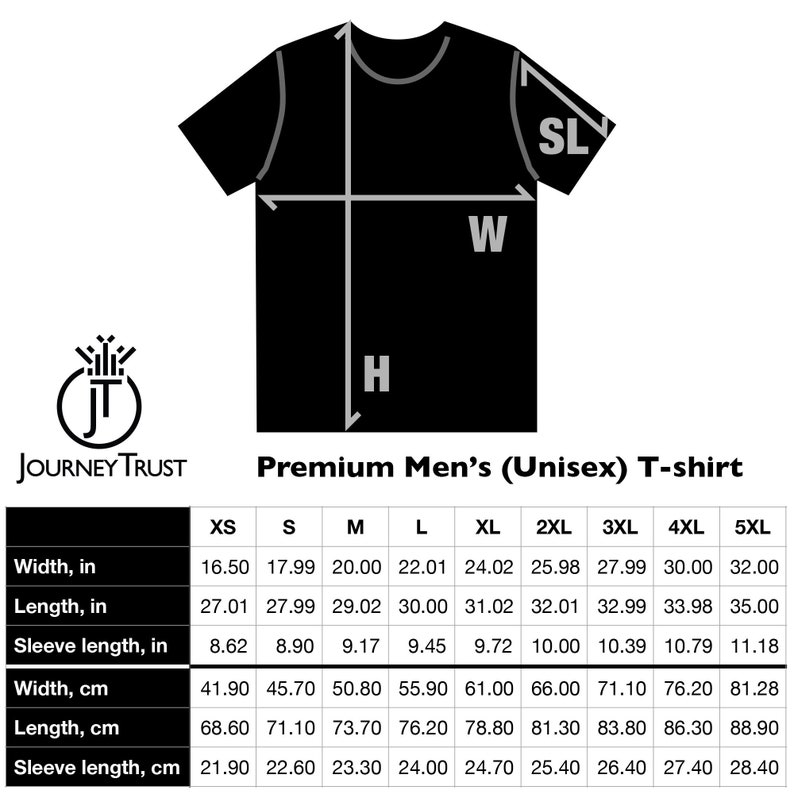Pu&ograve; includere: Tabella delle taglie per una t-shirt unisex dalle taglie XS a 5XL. La tabella mostra le misure in pollici e centimetri per larghezza, lunghezza e lunghezza della manica.