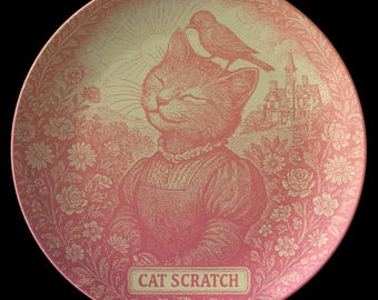 May include: A pink decorative plate featuring a cat with a bird on its head, a floral border, and a landscape scene. The plate has the text "CAT SCRATCH" in a rectangular box at the bottom. The design is in a vintage style.