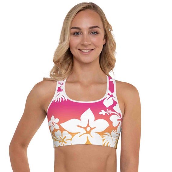 Hawaiian Flowers Padded Sports Bra, Beach, Surfing, Ocean, Sunset