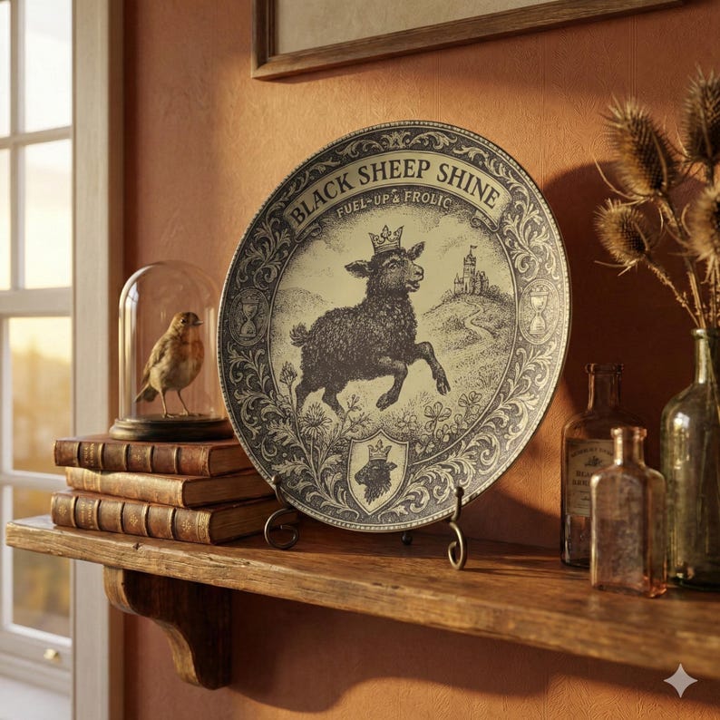 May include: A decorative plate with a black sheep design, a crown, and the text "BLACK SHEEP SHINE FUEL-UP & FROLIC." The plate is displayed on a metal stand on a wooden shelf, alongside books and glass bottles.