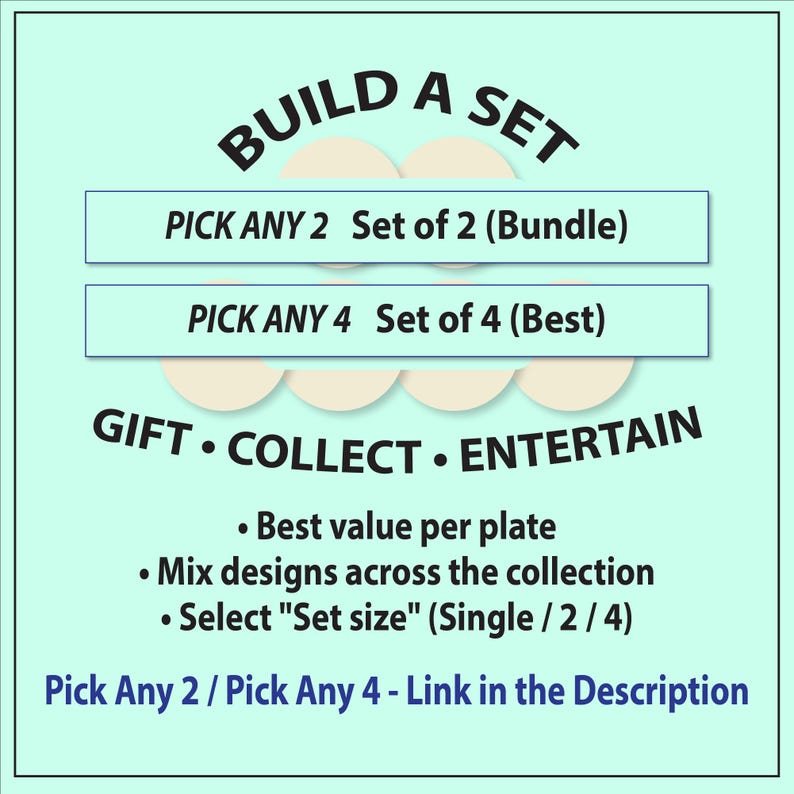 May include: A teal graphic with the words "BUILD A SET" at the top. Below are options to "PICK ANY 2" or "PICK ANY 4" items. The image also includes the words "GIFT &bull; COLLECT &bull; ENTERTAIN".