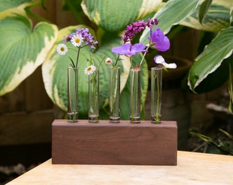 Reclaimed Oak or Walnut Wood Vintage Rustic Glass Test Tube Bud Vase, propagation, wedding, display, flower stand, minimalist vase