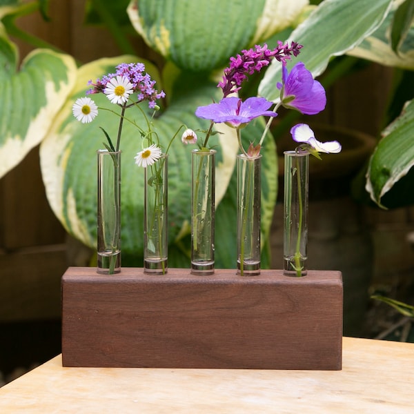 Reclaimed Oak or Walnut Wood Vintage Rustic Glass Test Tube Bud Vase, propagation, wedding, display, flower stand, minimalist vase