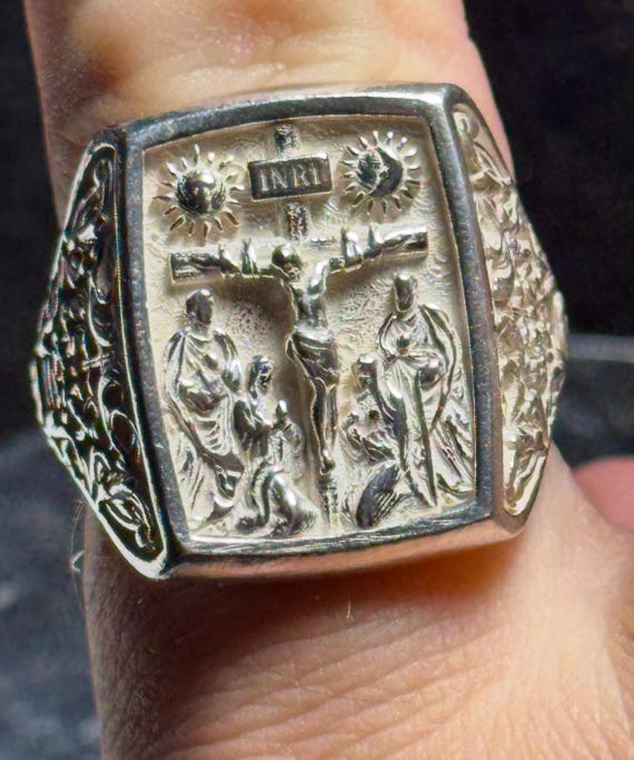 INRI Crucifix Ring - Not Stainless Steel Catholic Jewelry - Religious Statement Ring - Christian Faith Gift 925 Sterling Silver