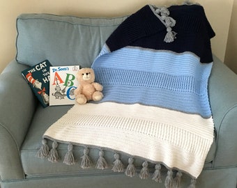 Baby Boy Blanket Crochet Pattern – Beginner Friendly, Easy Tassels (Instant Download)