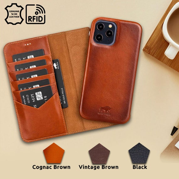 Personalized iPhone 14 Pro Case Leather With Card Holder Slim