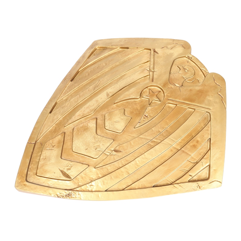 May include: A gold-colored shield with a star in the center and a decorative pattern. The shield is made of a textured material and has a slightly worn appearance.