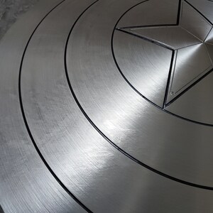 May include: A close-up of a silver Captain America shield with a black star in the center. The shield has a brushed metal finish and concentric circles around the star.